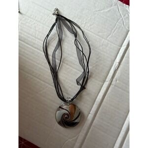 Glass Swirl Pendant Murano Style Necklace Black Cord Ribbon Black Gold Silver